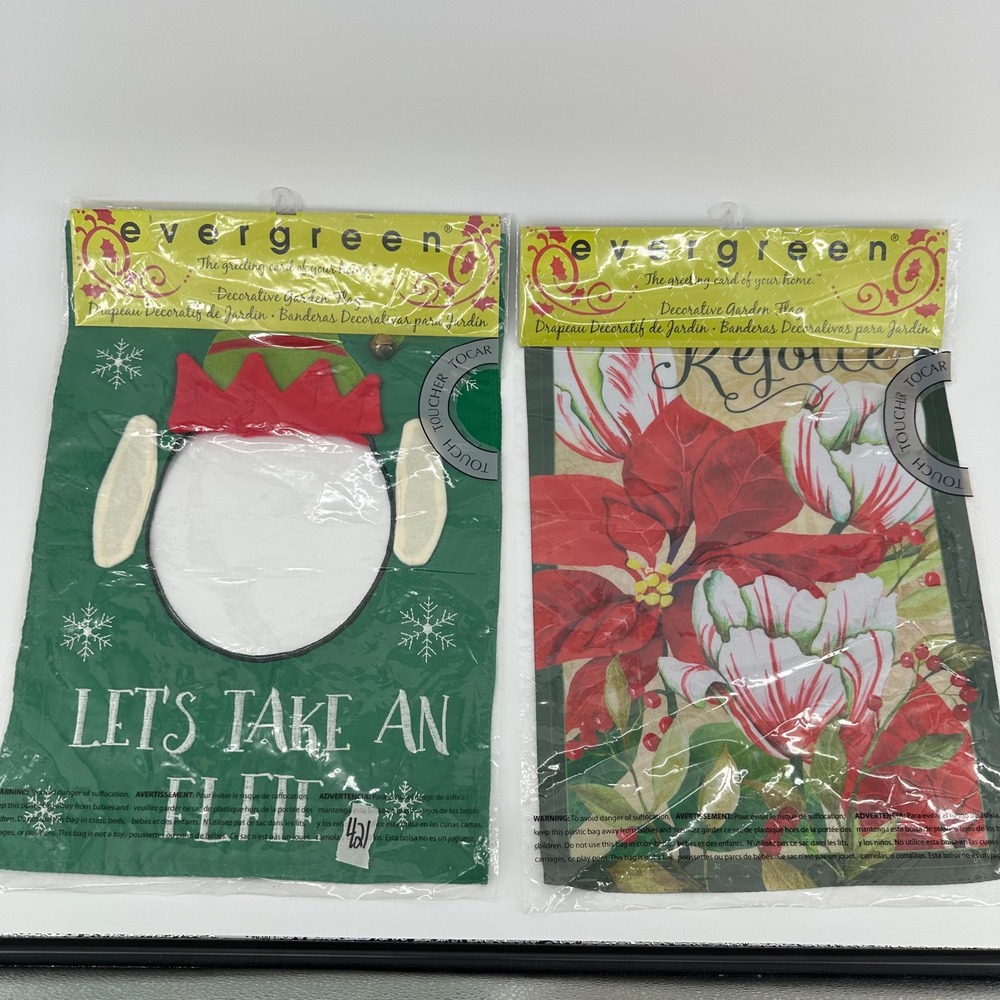 Evergreen Garden Flag Set Let's Take An Elfie & Rejoice Poinsettia NEW 2 Pack